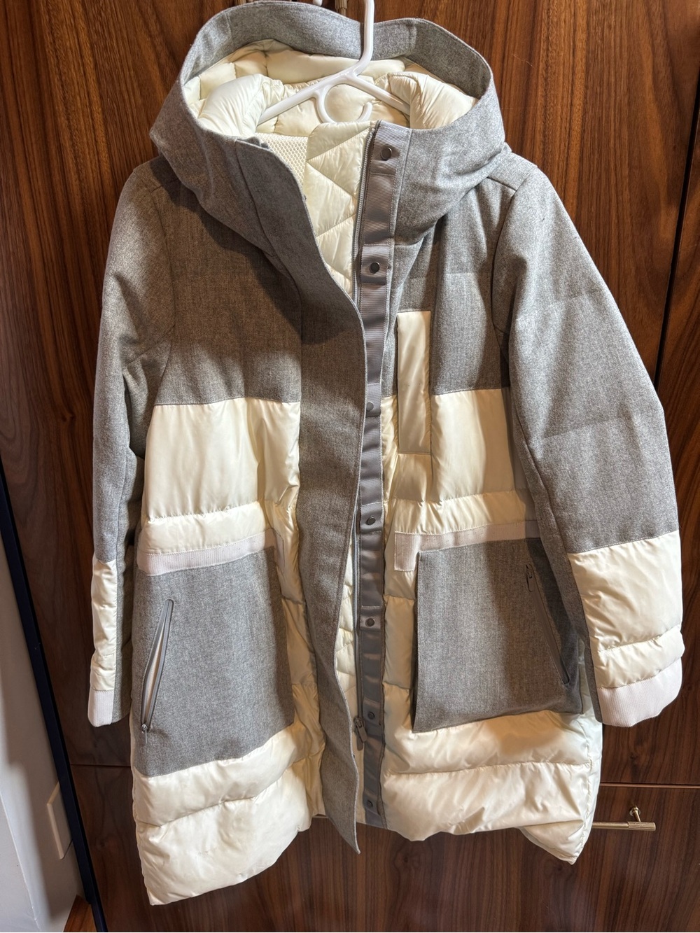 lululemon athletica Gray and Cream Two-Tone Hooded Puffer Coat